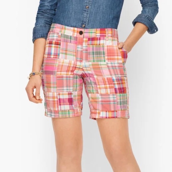 Talbots Chino Shorts Size 14P Madras Plaid Patchwork Colorful Preppy Beach - Picture 1 of 7
